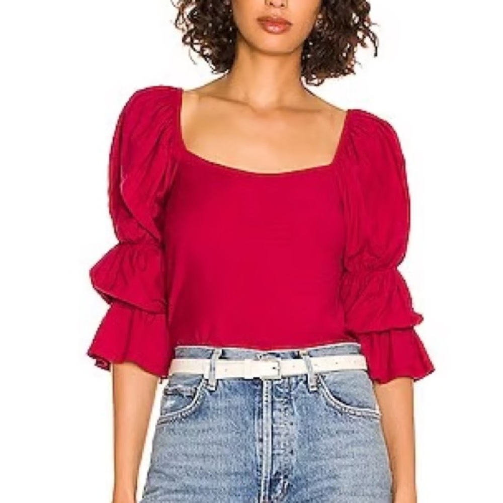 Nation LTD Red Puff Sleeve Square Neck Blouse
